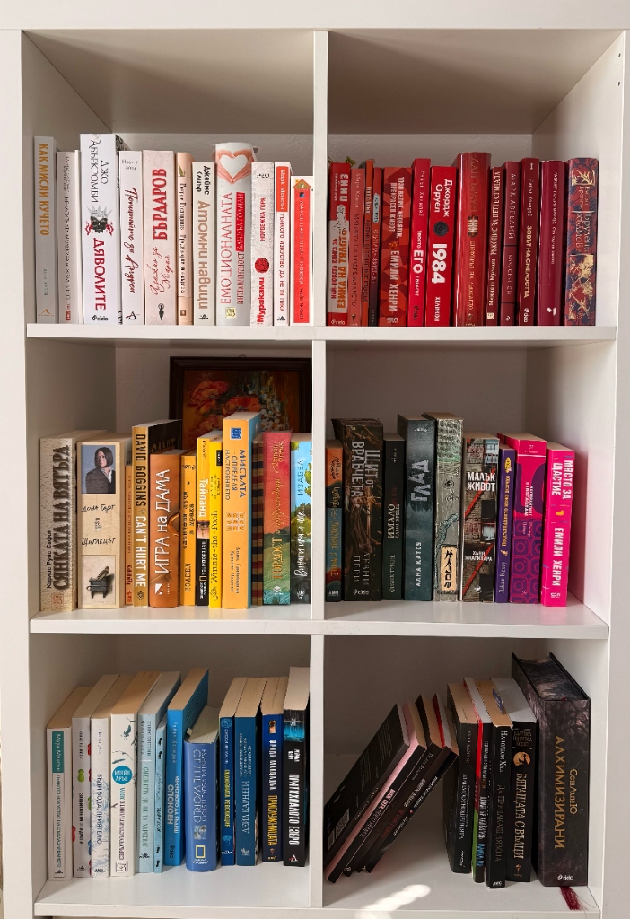A color-coordinated bookshelf full of design, fiction, and psychology books